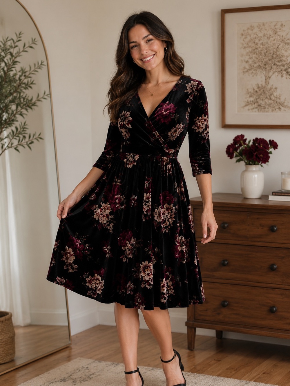 Black Collection Velvet Floral Wrap Dress XL Whimsigoth Cottagecore Coquette - Picture 1 of 12